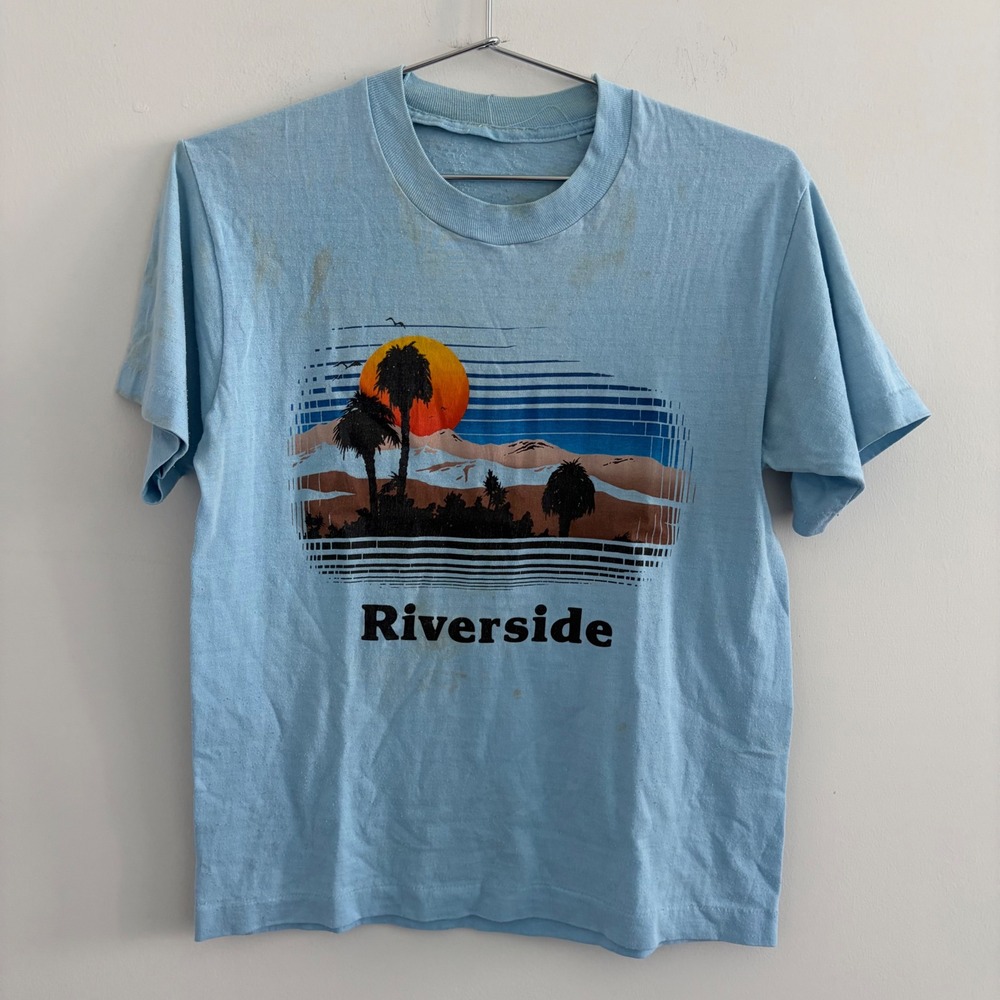 Vintage Riverside California Sunset Palm Trees Graphic T-Shirt Light Blue